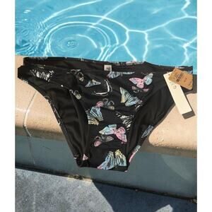 VS PINK Butterfly Print Ruched Side Bikini Bottoms Black Swimwear NWT Size M